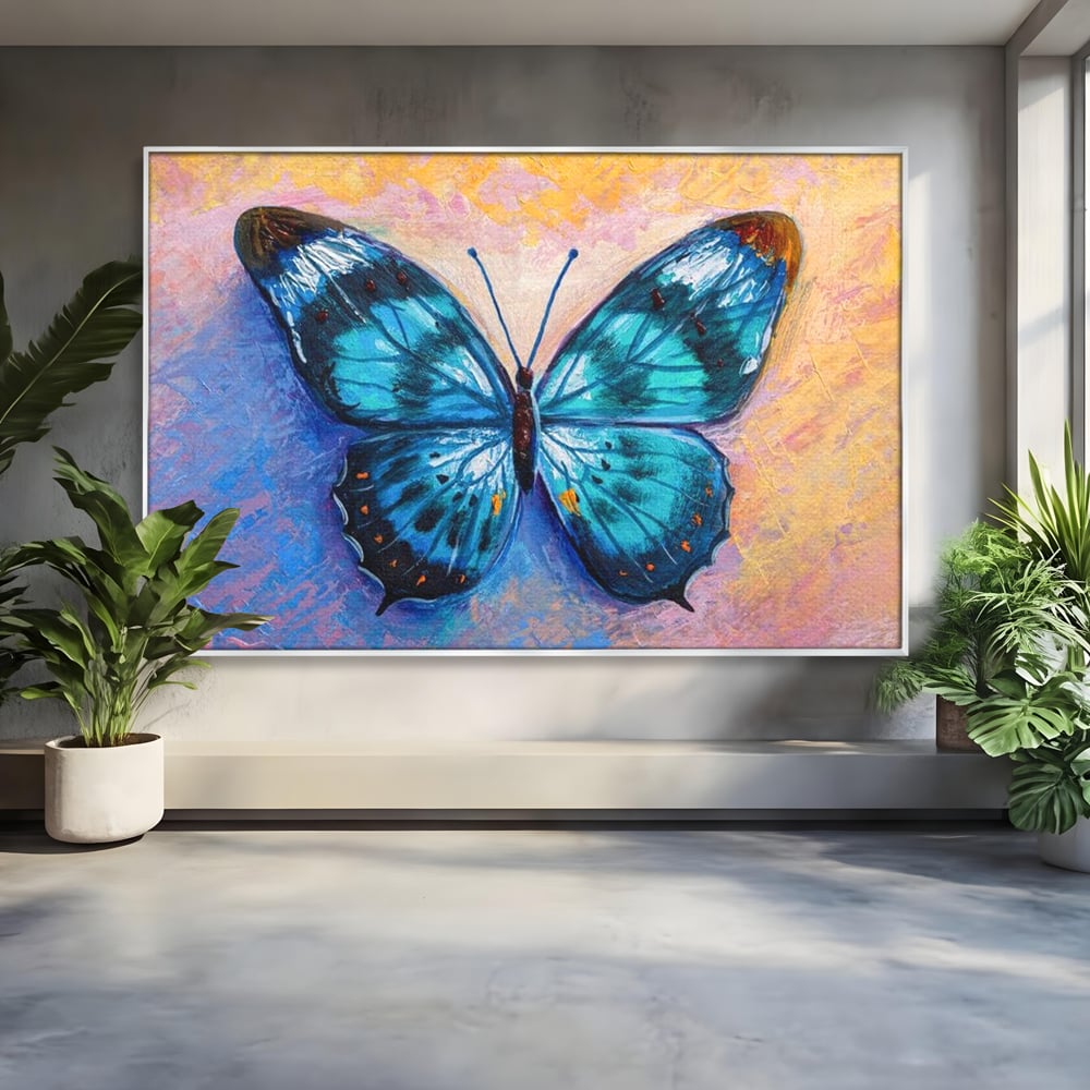 Tablou canvas cu tablou canvas cu fluture albastru, in rama de aluminiu argintiu